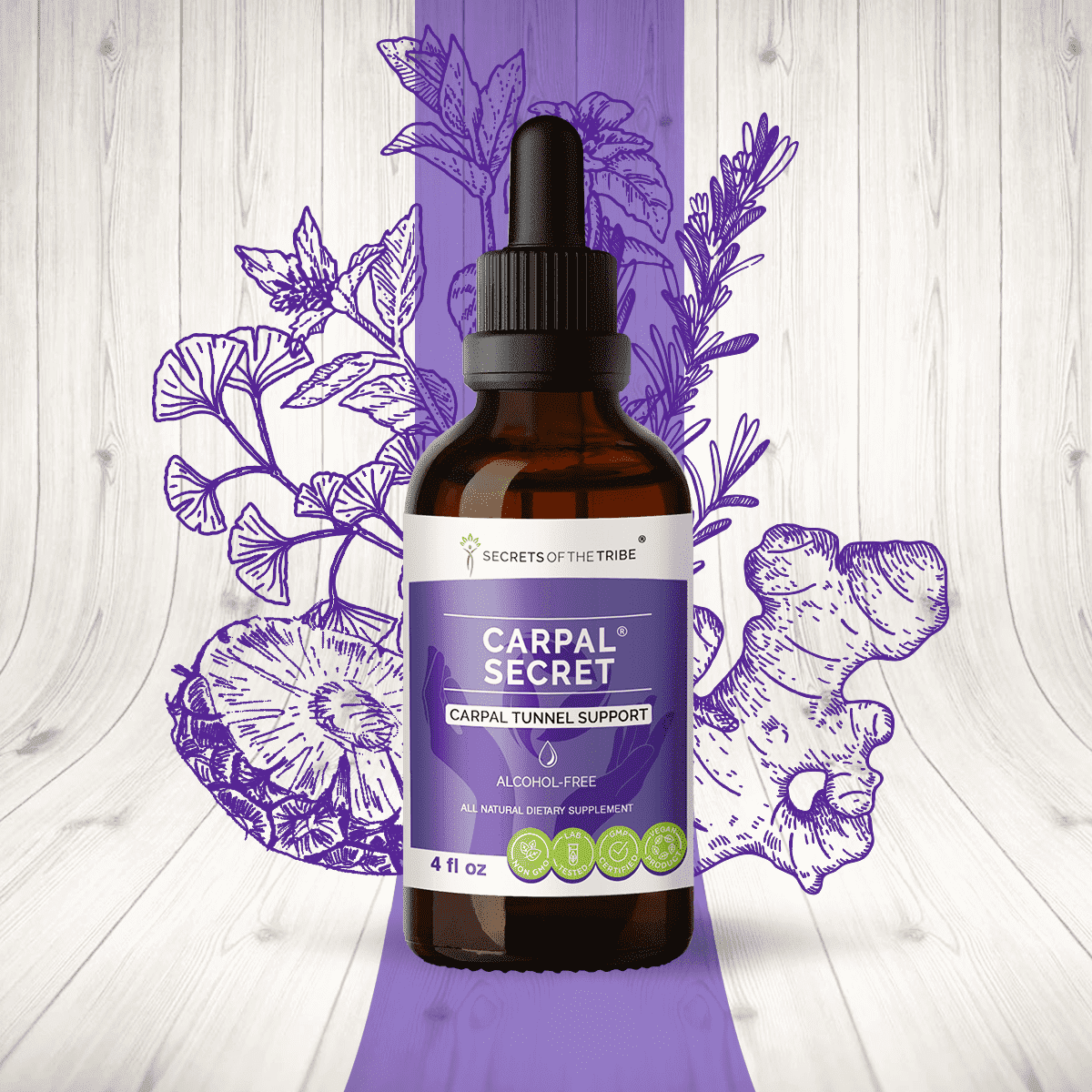 Secrets Of The Tribe Carpal Secret Blend Tincture Dietary Supplement, Natural Extract, Made from Bromelain, Pineapple, Turmeric, Ginkgo, Peppermint, Thyme, Basil 4 oz