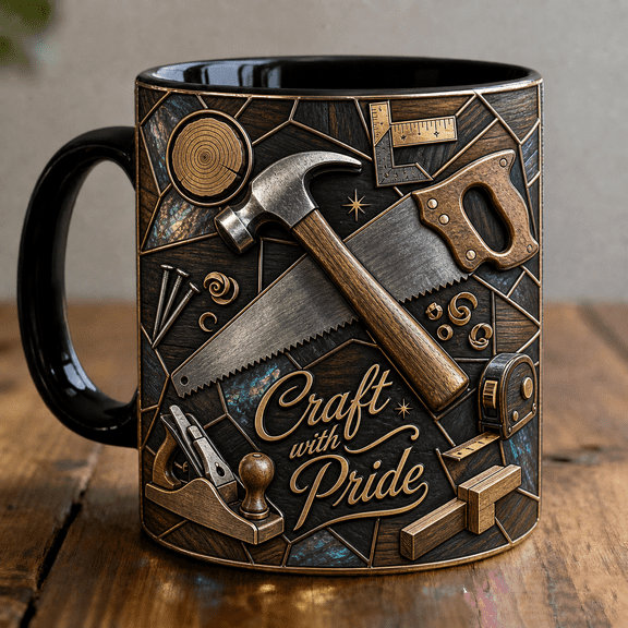 Carpenter Mug 3D Effect Wood Grain Hammer Saw Design Gift for Woodworkers