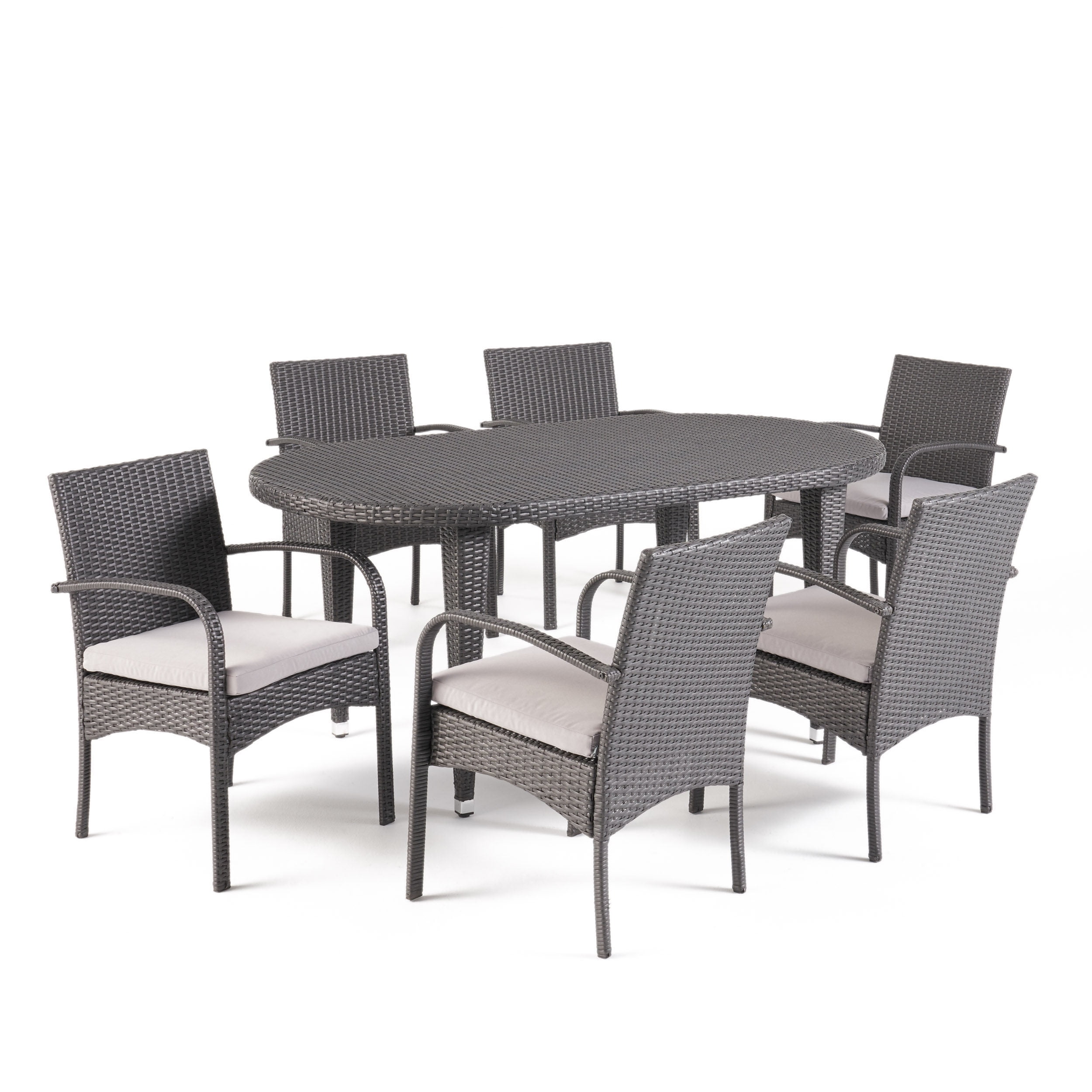 Gray Wicker and Iron 7-Piece Outdoor Dining Set with Cushions