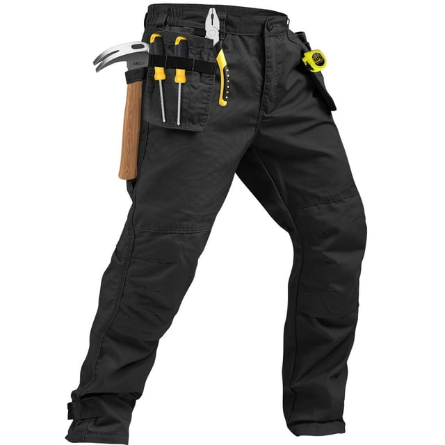 TRGPSG Carpenter Pants for Men Ripstop Construction Pants Cargo Multi-Pocket Utility Operator Pants with Reinforced Knees,Black,Size 34