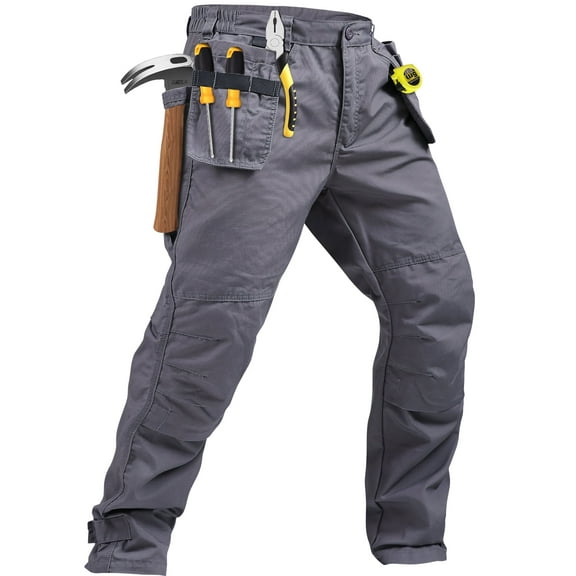 TRGPSG Men's Work Pants with 13 Pockets, Heavy Duty Construction Cargo Pants, Rip-stop Cotton Utility Operator Pants, Reinforced Knees,Gray,Size 32