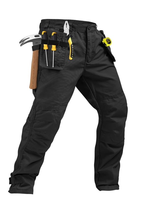 Men's Work Pants with 13 Pockets, Heavy Duty Construction Cargo Pants, Rip-stop Cotton Utility Operator Pants, Reinforced Knees,Black,Size 30