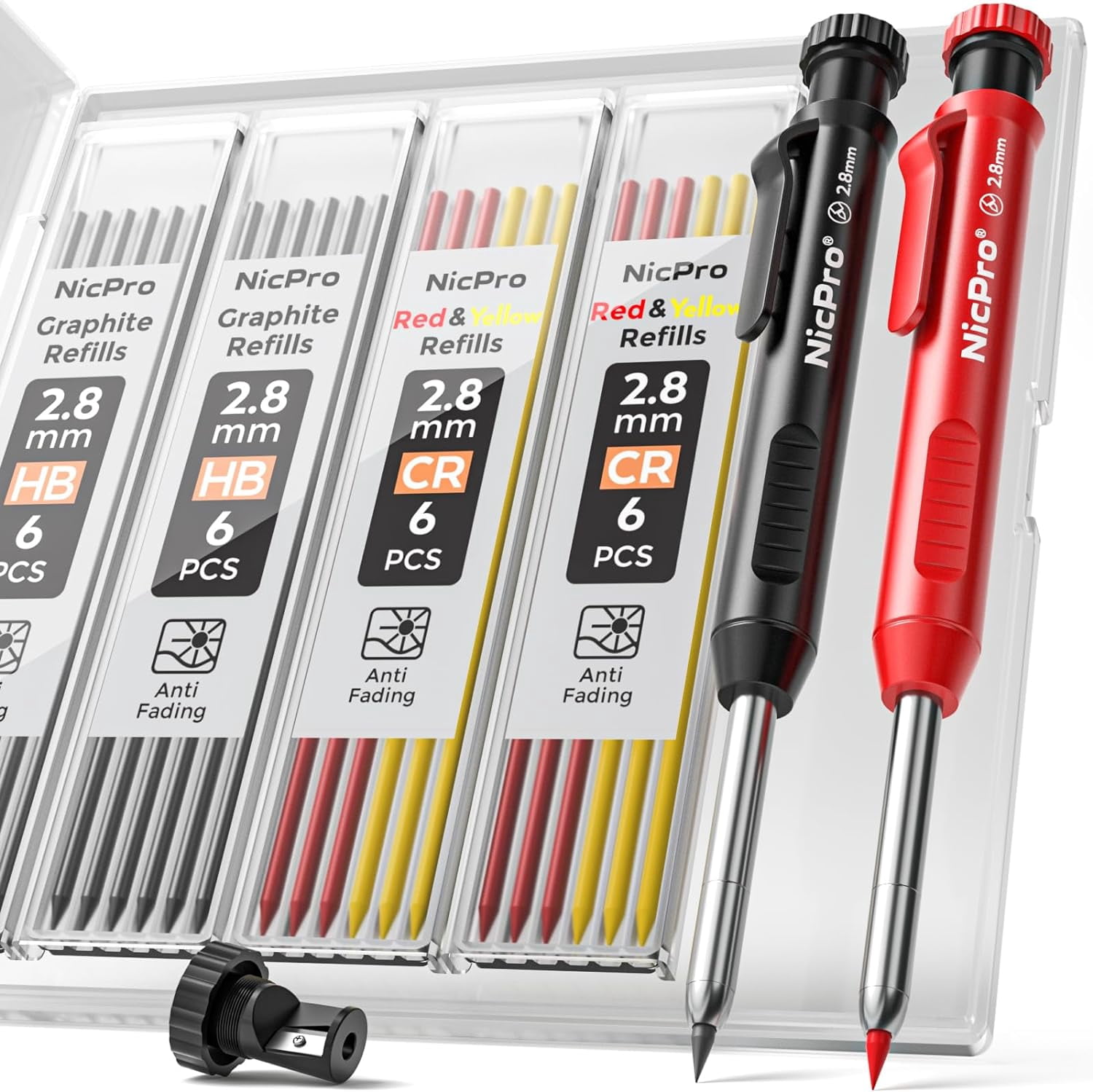 Carpenter Pencil with Sharpener, Mechanical Pencils Set 26 Refills, Deep Hole Marker for Construction, Heavy Duty Woodworking Tools Architect (Black, Red) - With Case