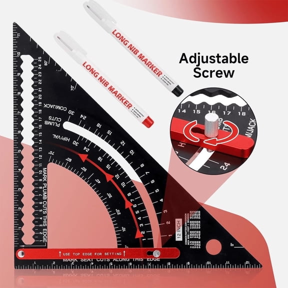 Carpenter Square 7 inch, Aluminum Adjustable Rafter Framing Square, Multifunction Woodworking Measuring Tools, Combination Square Angle Carpentry Triangle Ruler with 2 Pencils