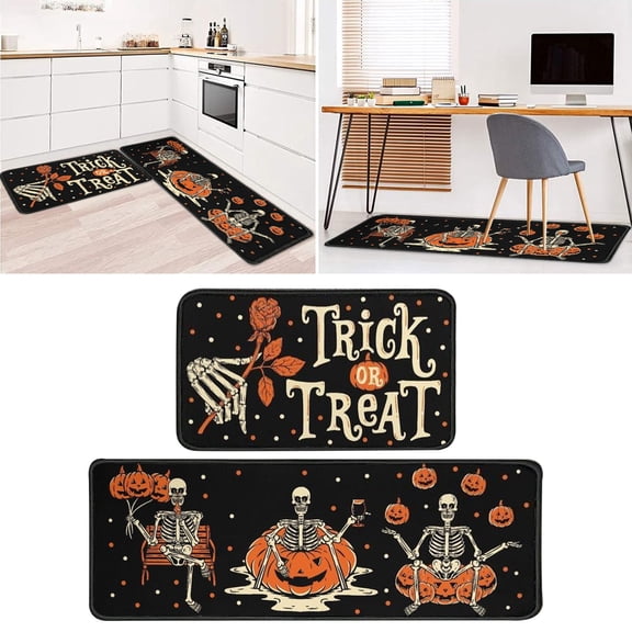 Carpet,2 Piece Halloween Kitchen Decor Rugs Set Skeleton Pumpkin Kitchen Rugs And Mats Non Washable Absorbent Kitchen Accessories Decoration Floor Mats 15.7"x23.6"+15.7"x47"