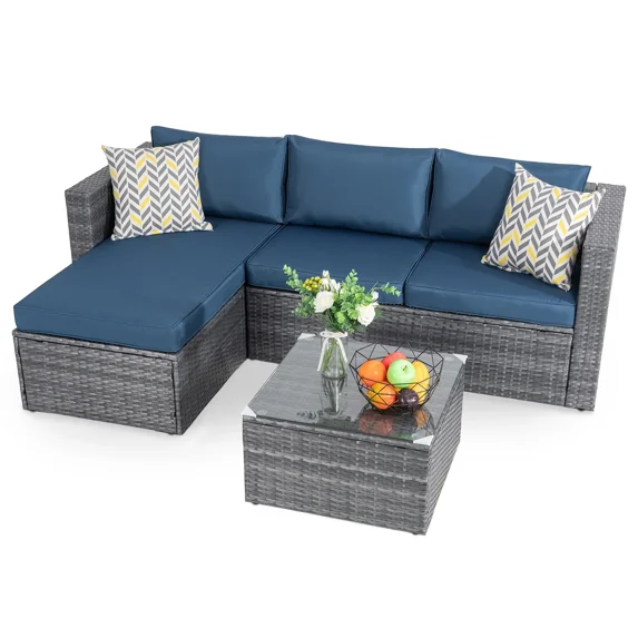 Carpet 3 Piece All-Weather Outdoor Furniture Sectional Sofa Patio Set Silver Gray Rattan Wicker with Tea Table and Cushions(Aegean Blue)