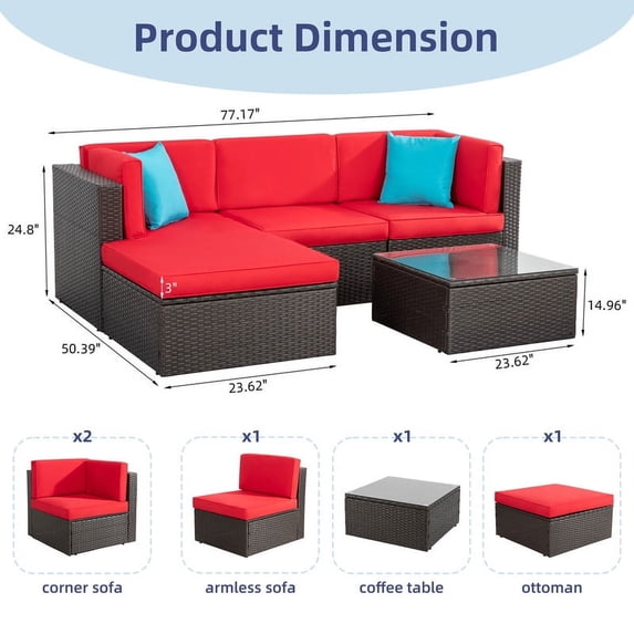 Carpet 7 Piece Outdoor Conversation Sets, Wicker Sectional Patio Set, Khaki
