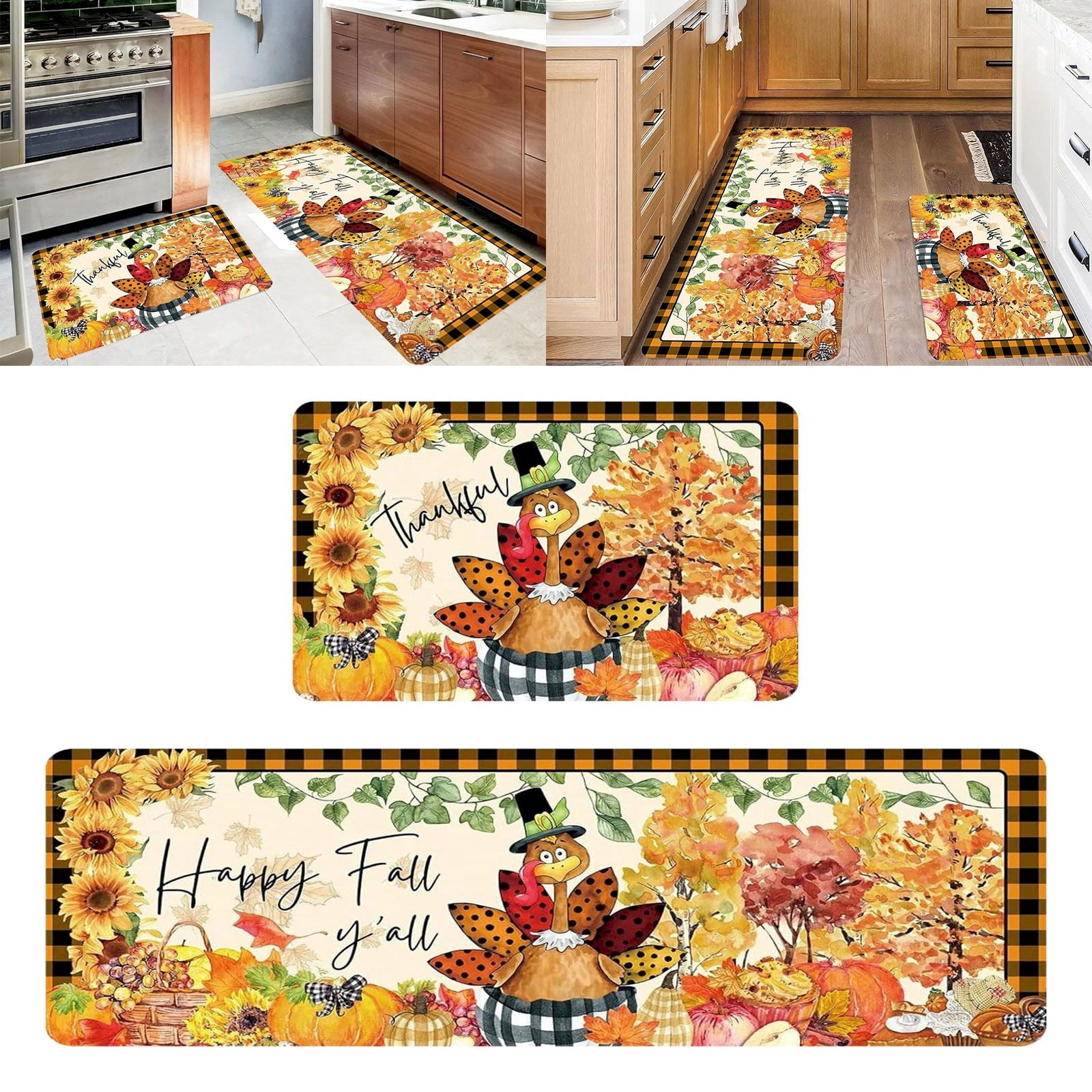 Mocsicka Thanksgiving Turkey Kitchen Rugs Set Of 2 - Non-Slip Fall Pumpkin Mats 17x30 & 17x47