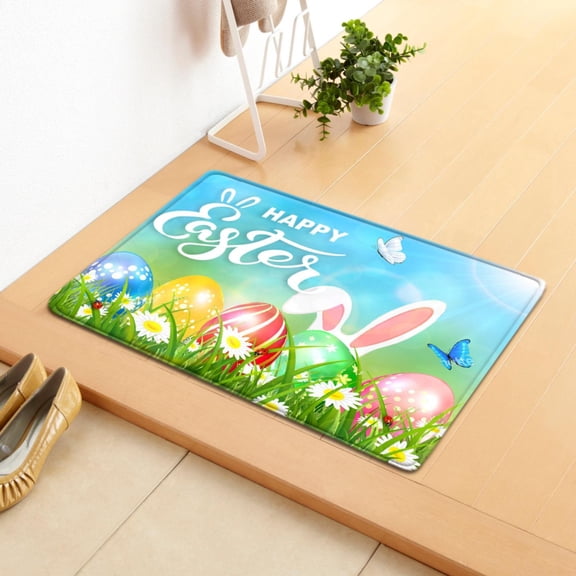 Carpet,Easter Doormat Indoor Welcome Door Mat Non Slip Absorbent Mats For Front Door Entrance Porch Easter Eggs With Bunny Low Profile Washable Doormat