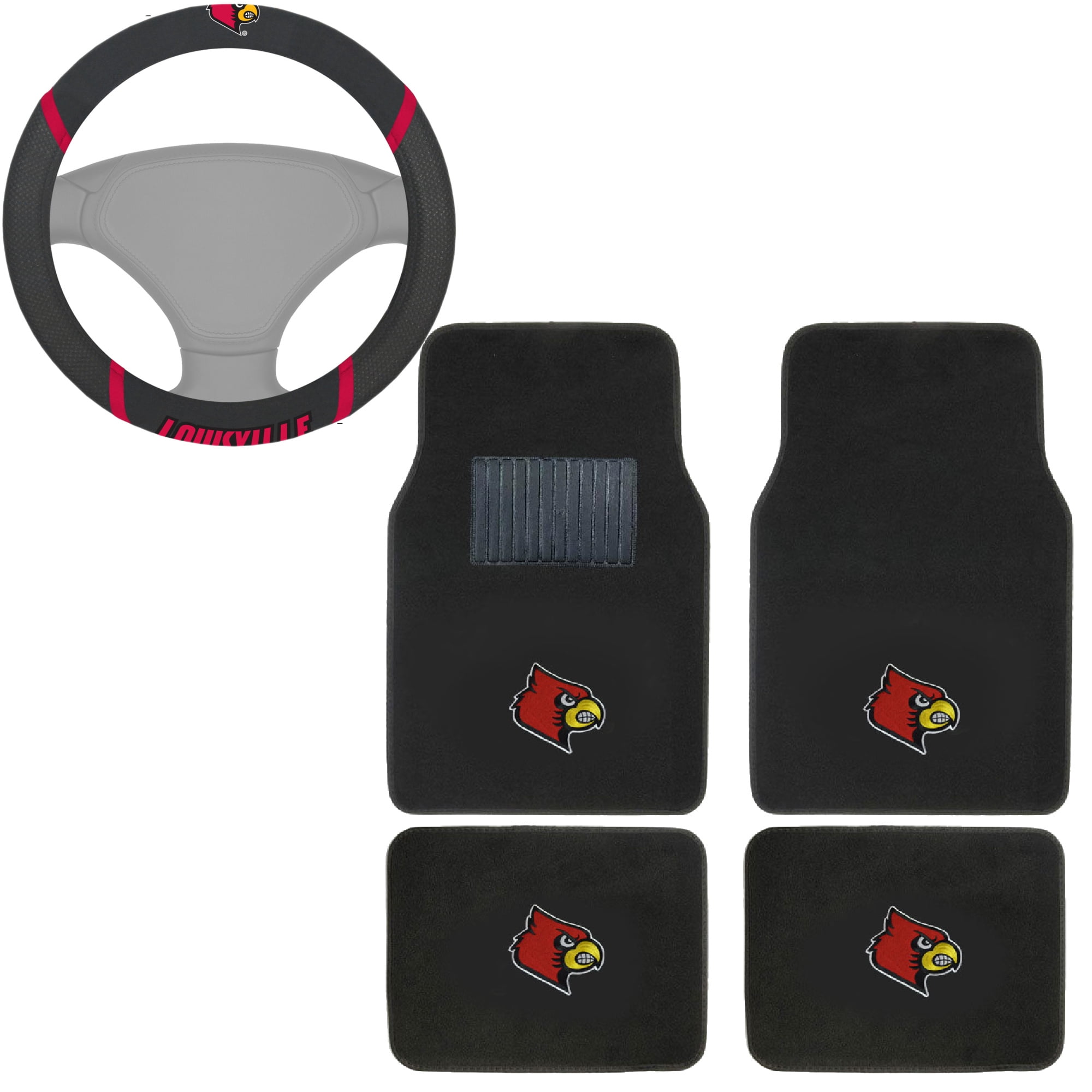 Carpet Floor Mats Bundle with Steering Wheel Cover for Louisville Fans Officially Licensed(5 items)