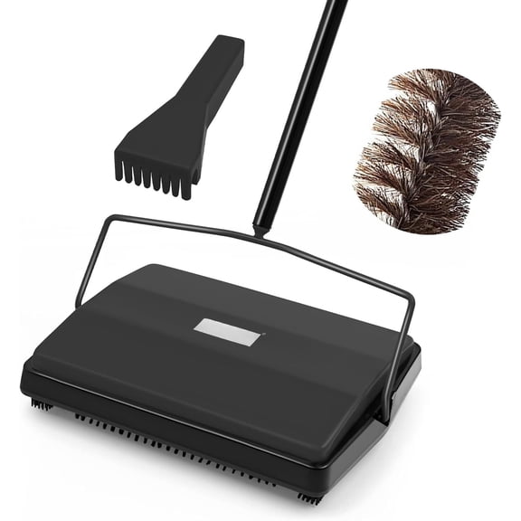 Carpet Floor Sweeper Manual with Horsehair, Non Electric Quite Rug Roller Brush Push for Cleaning , Loose Debris, Lint (Black)