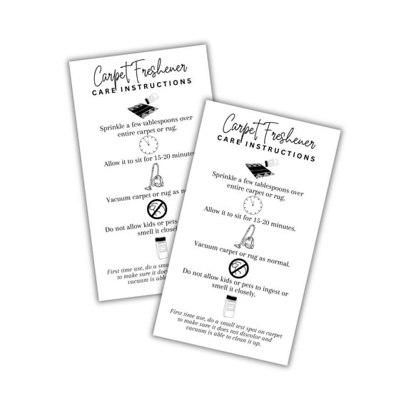 Carpet Freshener Sprinkles Instruction Cards 50pk 2x3.5 Deodorizer Bottle Shake for Powder Scent DIY Rug Warning Label Ingredients Scent