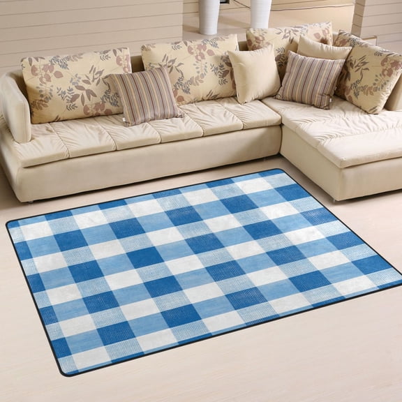 Carpet Mat with Memory Foam Ultra-Soft and Non-Slip Area Rug 60"x39" Blue and White Checkered Pattern