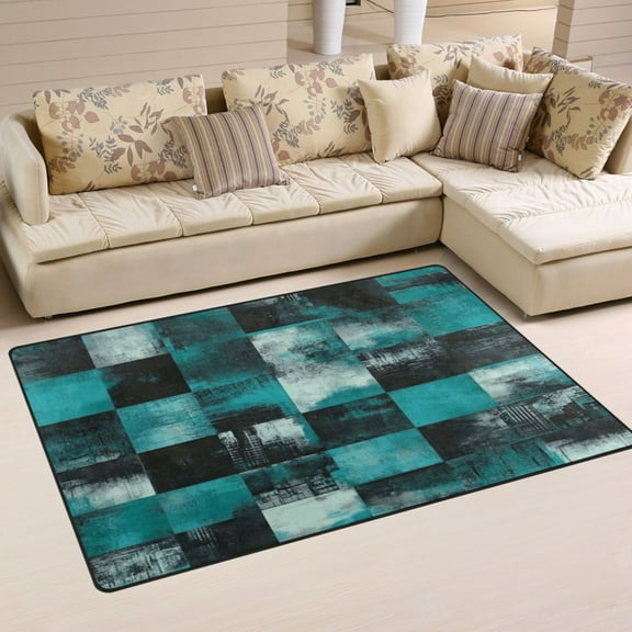 Carpet Mat with Memory Foam Ultra-Soft and Non-Slip Area Rug 60"x39" Teal and Black Squares