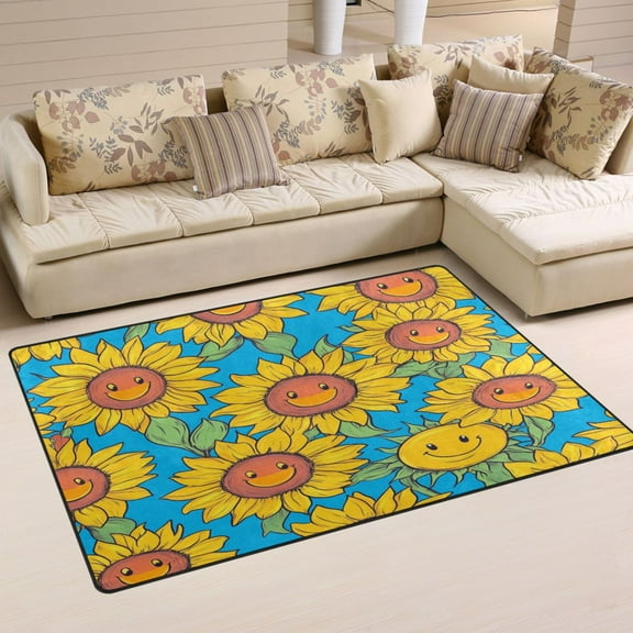 Carpet Mat with Memory Foam Ultra-Soft and Non-Slip Area Rug 60"x39" Yellow Sunflowers with Smiley Faces