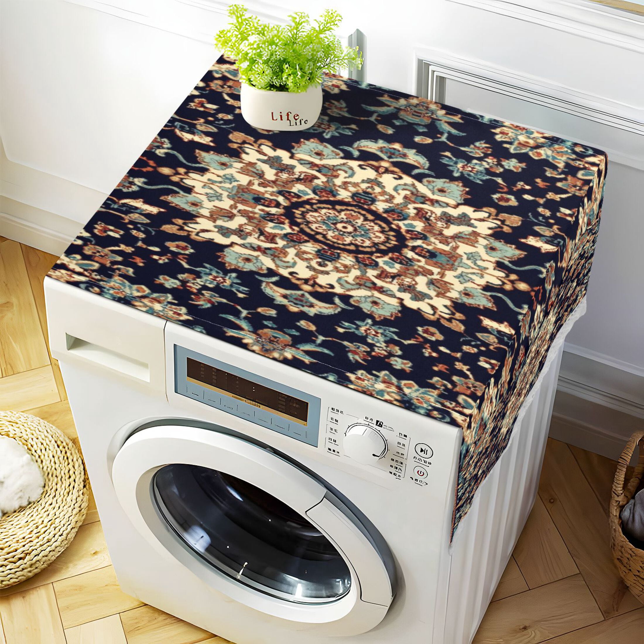 Carpet PatternsWasher and Dryer Covers Dust-Proof and Oil Resistant Fridge Cover with 4 Storage Pockets Washing Machine Top Cover for Laundry Kitchen Home 51.2 x 22 In
