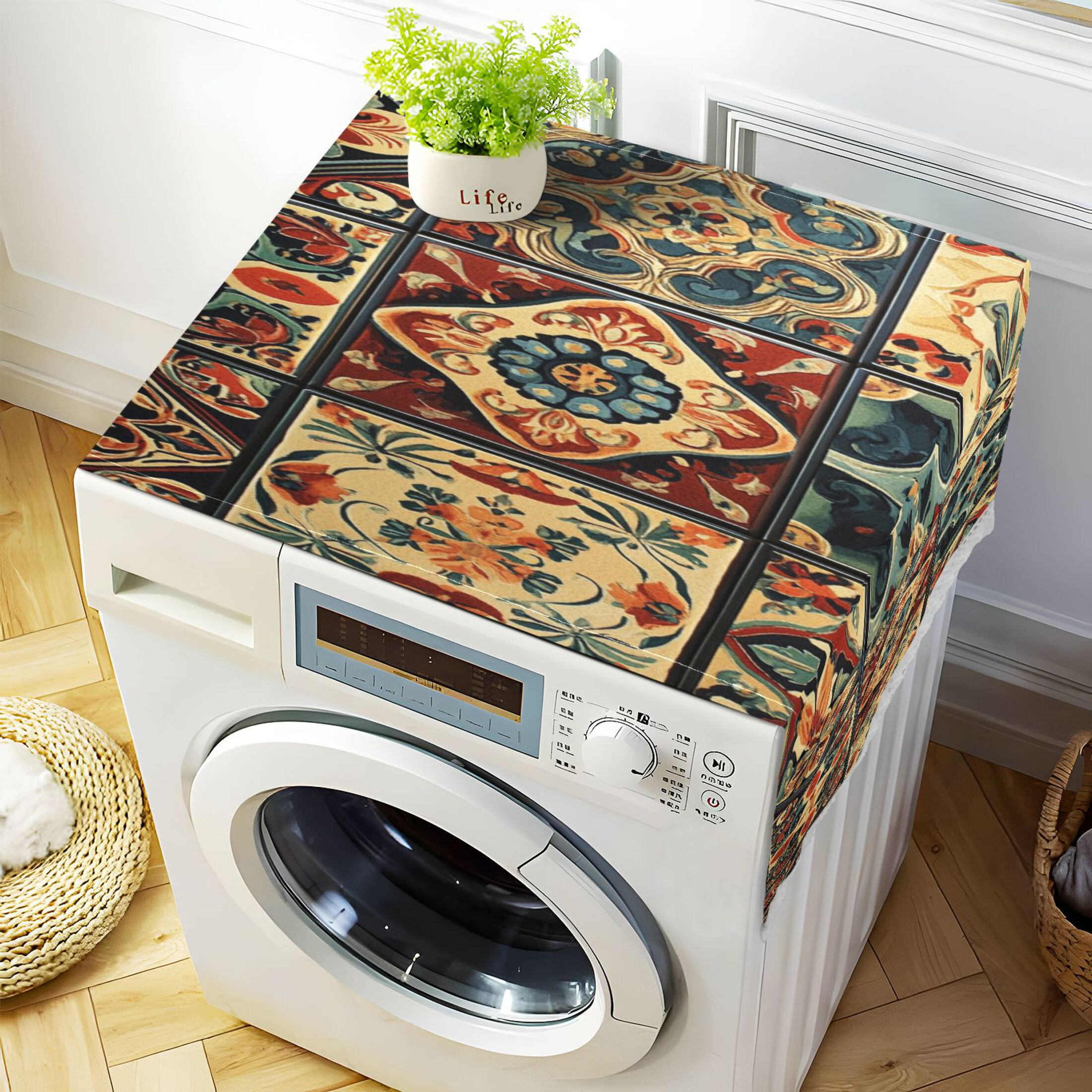 Carpet PatternsWasher and Dryer Covers Dust-Proof and Oil Resistant Fridge Cover with 4 Storage Pockets Washing Machine Top Cover for Laundry Kitchen Home 51.2 x 22 In