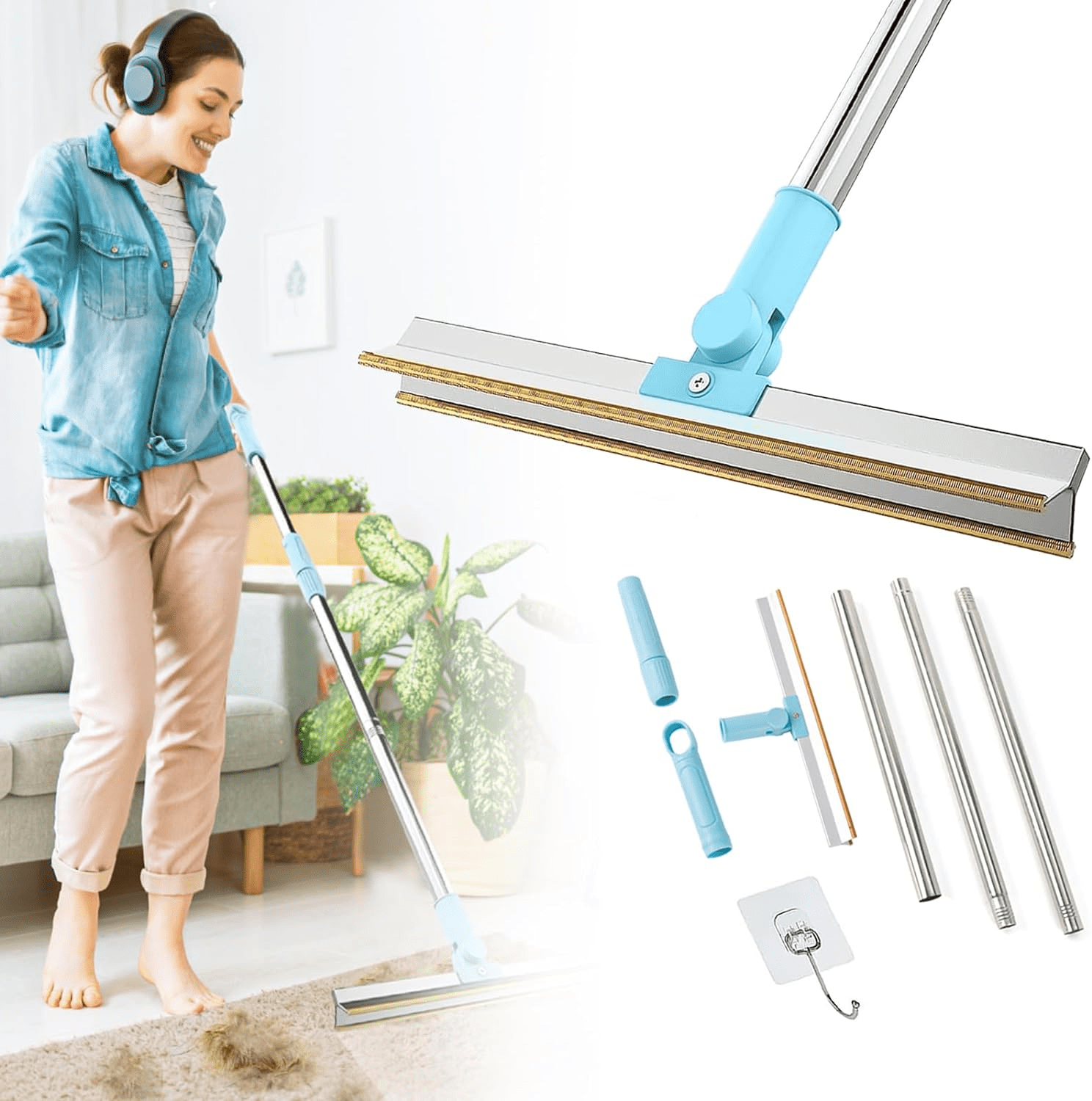 Carpet Rake for Pet Hair Removal, Adjustable 55" Long Handle, Carpet