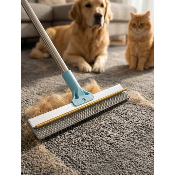 Carpet Rake for Pet Hair Removal: DELOMO Carpet Scraper Broom with 54 Adjustable Long Handle, Dual-Sided, Metal + Short Silicone for Carpets & Rugs, Extended Silicone for Shag Rugs & Hard Floors