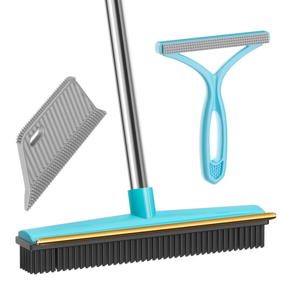 Carpet Rake for Pet Hair Removal, Dog Cat Fur Remover Rubber Broom, 60 Inch Long Handle Lint Shaver Cleaner Tool, Scraper Brush for Carpet, Rug, Car Mat, Couch, Pet Bed, Furniture, Blue and Gray