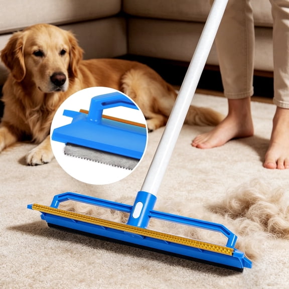 Carpet Rake for Pet Hair Removal - 2 in 1 Rubber Broom with 1 Silicone Brush, 60" Adjustable Long Handle, Cat Dog Carpet Scraper