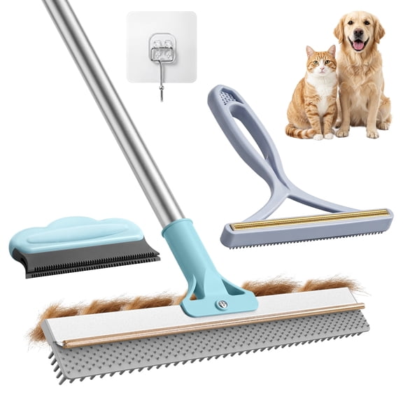 Carpet Rake for Pet Hair Removal Tool, Dog and Cat Hair Remover Broom with 54 Inch Adjustable Long Handle, Dual Sided Silicone and Metal Carpet Scraper for Rug, Couch, Furniture, 3 Pack