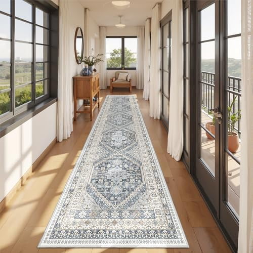Carpet Runners for Hallway 12ft, Non-Slip Long Bathroom Rugs Runner for Kitchen, Bedroom, Soft Vintage Washable Rug for Entryway, Thin Floor Mat for Dining Room(Blue/Beige,2.5'x12')