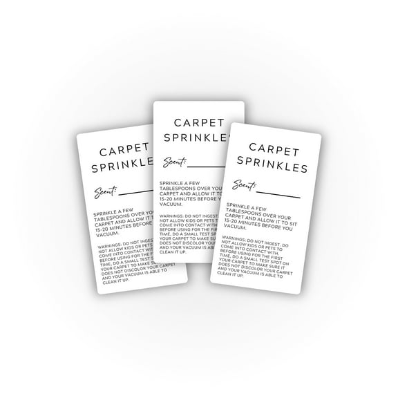 Carpet Sprinkle Freshener Instruction Mini Stickers 250 pc per Roll 1.25x2.25 Minimalist Warning Labels for Mini Tester Package How to Use Cleaning Scent Write in