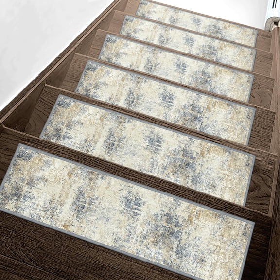 Carpet Stair Treads Non Slip 15pcs 8" X 30" Edging Runner For Wooden Steps Indoor Resistant Rugs With Reusable Tpe Adhesive Backing Mat Elders Pets Ivory/denim