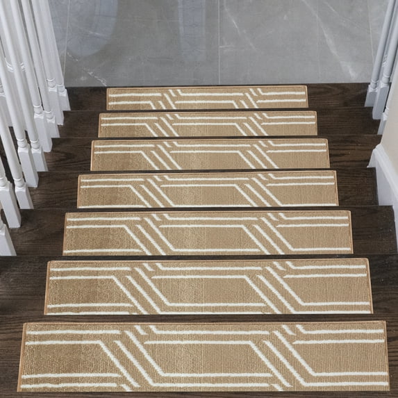 Carpet Stair Treads for Wooden Steps - Indoor Staircase Step Treads with Thick Carpet & Pattern Design, 9'' x 28'', Beige & White, Pack of 13