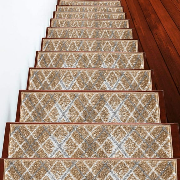 Carpet Stair Treads for Wooden Steps - Indoor Staircase Step Treads with Thick Carpet & Pattern Design, 9'' x 28'', Beige & White, Pack of 13