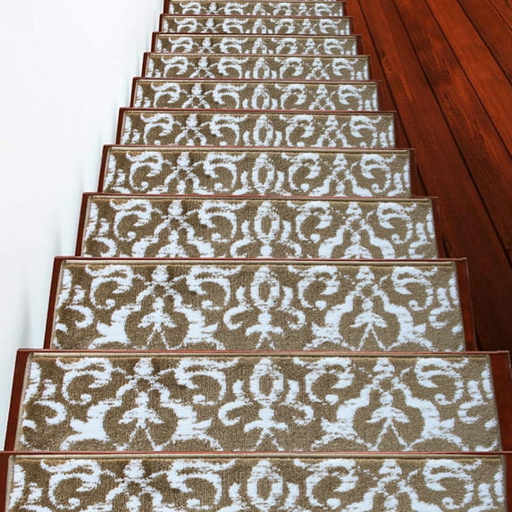 Carpet Stair Treads for Wooden Steps - Indoor Staircase Step Treads with Thick Carpet & Pattern Design, 9'' x 28'', Beige & White, Pack of 13