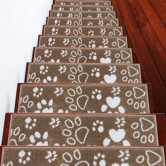 Carpet Stair Treads for Wooden Steps - Indoor Staircase Step Treads with Thick Carpet & Pattern Design, 9'' x 28'', Beige & White, Pack of 7