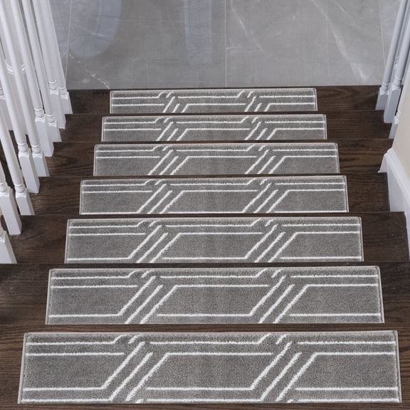Carpet Stair Treads for Wooden Steps - Indoor Staircase Step Treads with Thick Carpet & Pattern Design, 9'' x 28'', Gray & White, Pack of 13