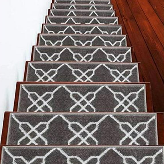 Carpet Stair Treads for Wooden Steps - Indoor Staircase Step Treads with Thick Carpet & Pattern Design, 9'' x 28'', Gray & White, Pack of 4