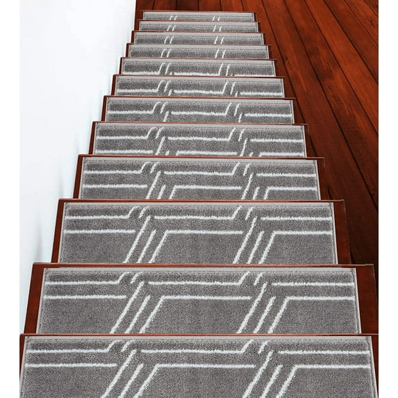 Carpet Stair Treads for Wooden Steps - Indoor Staircase Step Treads with Thick Carpet & Pattern Design, 9'' x 28'', Gray & White, Pack of 7