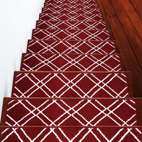 Carpet Stair Treads for Wooden Steps - Indoor Staircase Step Treads with Thick Carpet & Pattern Design, 9'' x 28'', Red & White, Pack of 13