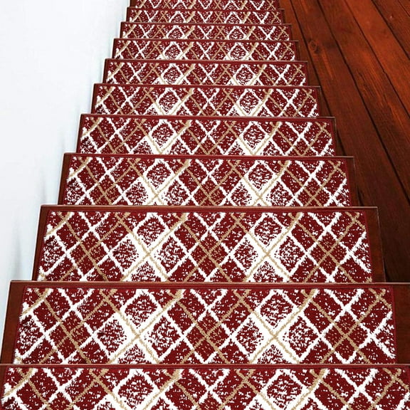 Carpet Stair Treads for Wooden Steps - Indoor Staircase Step Treads with Thick Carpet & Pattern Design, 9'' x 28'', Red & White, Pack of 15