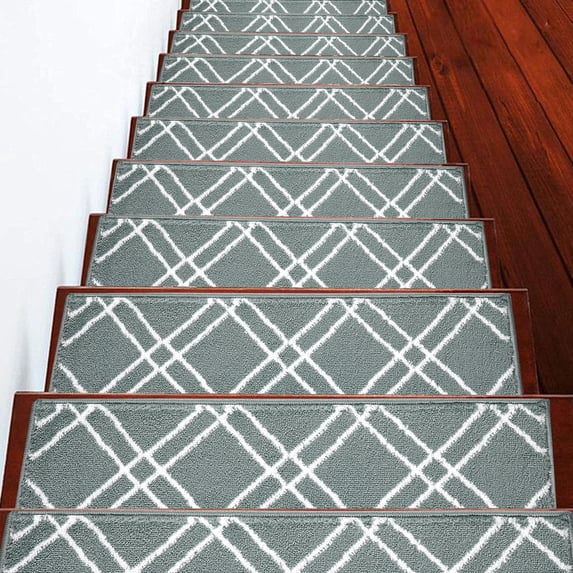 Carpet Stair Treads for Wooden Steps - Indoor Staircase Step Treads with Thick Carpet & Pattern Design, 9'' x 28'', Teal & White, Pack of 10