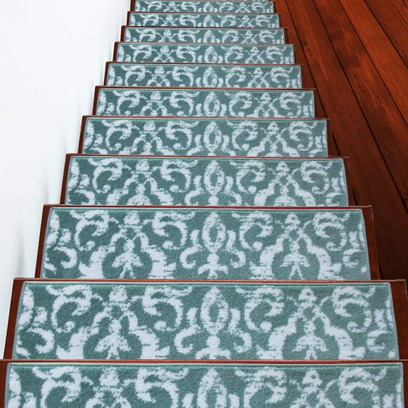 Carpet Stair Treads for Wooden Steps - Indoor Staircase Step Treads with Thick Carpet & Pattern Design, 9'' x 28'', Teal & White, Pack of 10