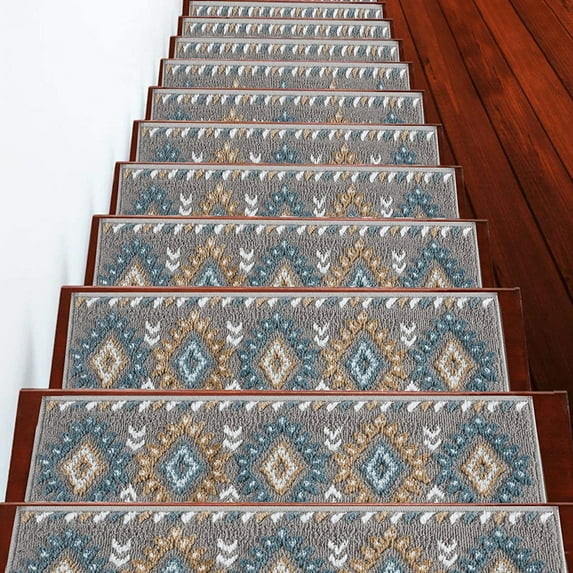 Carpet Stair Treads for Wooden Steps - Indoor Staircase Step Treads with Thick Carpet & Pattern Design, 9'' x 28'', Teal & White, Pack of 15