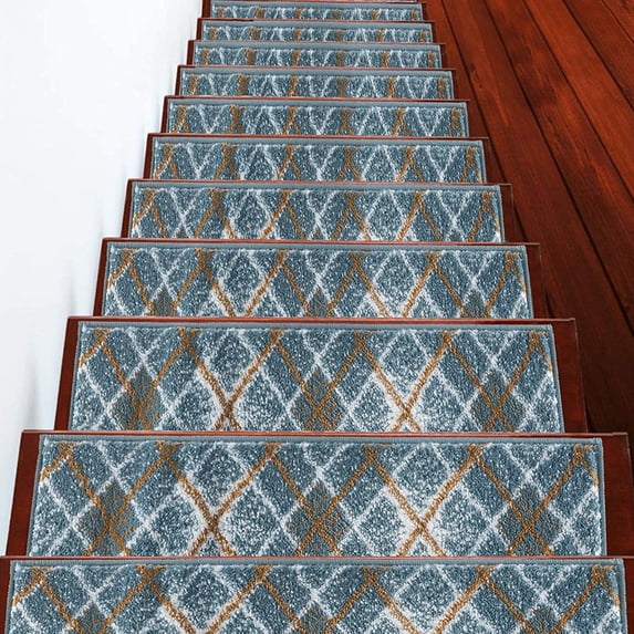 Carpet Stair Treads for Wooden Steps - Indoor Staircase Step Treads with Thick Carpet & Pattern Design, 9'' x 28'', Teal & White, Pack of 15