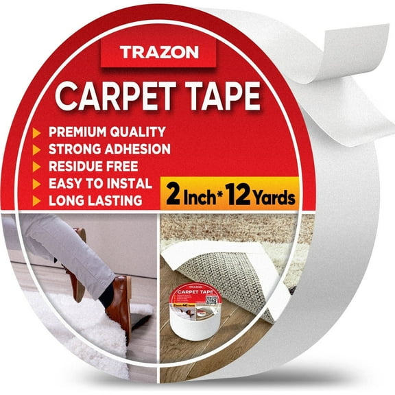 Carpet Tape Double Sided - Rug Tape Grippers for Hardwood Floors and Area Rugs - Carpet Binding Tape Strong Adhesive and Removable, Heavy Duty Stickers Grip Tape, Residue Free (2 Inch / 12 Yards)