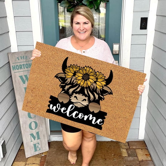 Carpet,Wearing flowers and raising signs to welcome cowherd printed floor mats on cute heads