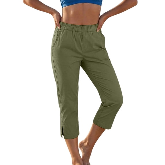 Carpis for Women Elastic Waist Split Hem Relaxed Fits Cropped Pants Straight Leg Casual Versatile Trousers with Side Pockets