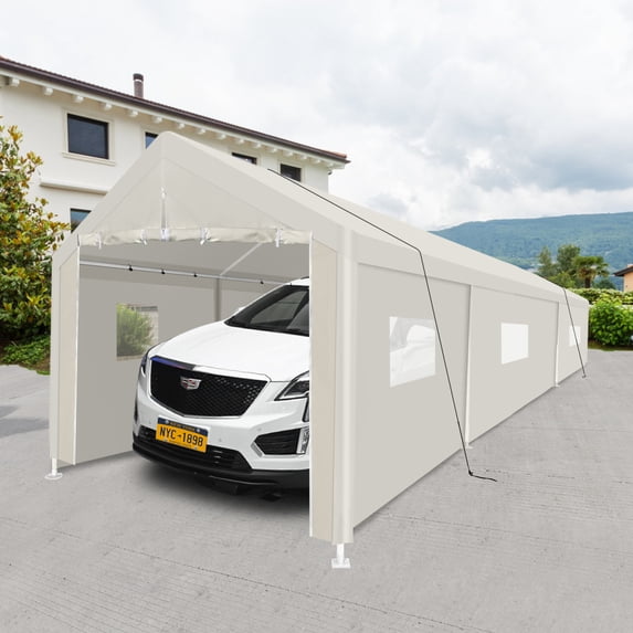Carport 10×30 FT Heavy Duty Portable Carport Garage Tent with Included Anchor Kit, Portable Garage with Roll Up Doors and Window, Party Tent for Outdoor Storage Shelter, White