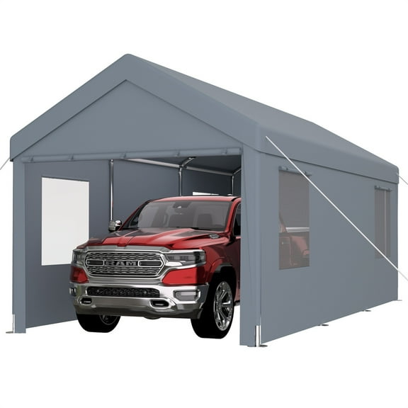 Carport 10' x 20' Portable Garage, Heavy Duty Car Port Canopy with 2 Roll-up Doors & 4 Ventilated Windows for Car, Truck, Garden Tools