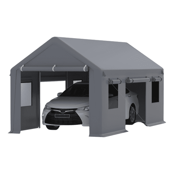 Carport 10'x20' Heavy Duty Canopy, 1.0 mm Steel Poles & 14 mil PE Tarp, with Front & Rear Doors, 2 Side Doors, and 4 Windows Screen, Portable Garage for Pickup Truck, and Boat, Gray