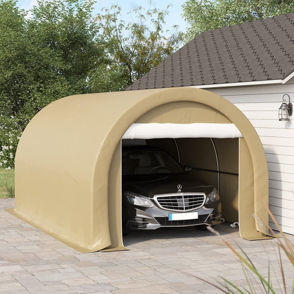 Carport 10X16 FT Car Canopy Tent Heavy Duty Metal Portable Garage Ventilated Storage Shelter Canopy Cover Zippered Door for Tools Car Truck SUV Boat, Beige