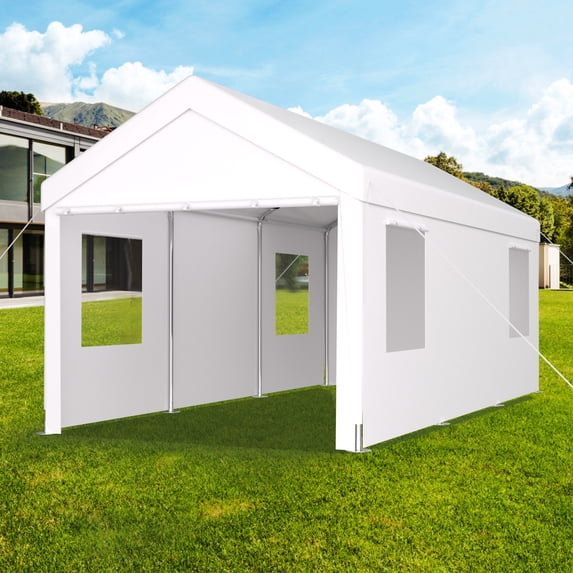 Carport 12x 20 ft Portable Garage,Heavy Duty Car Port Canopy with 4 Roll-Up Windows & 2 Doors, Waterproof Canopy All-Season Tarp for Car, Truck, Boat, Garden Tools, White